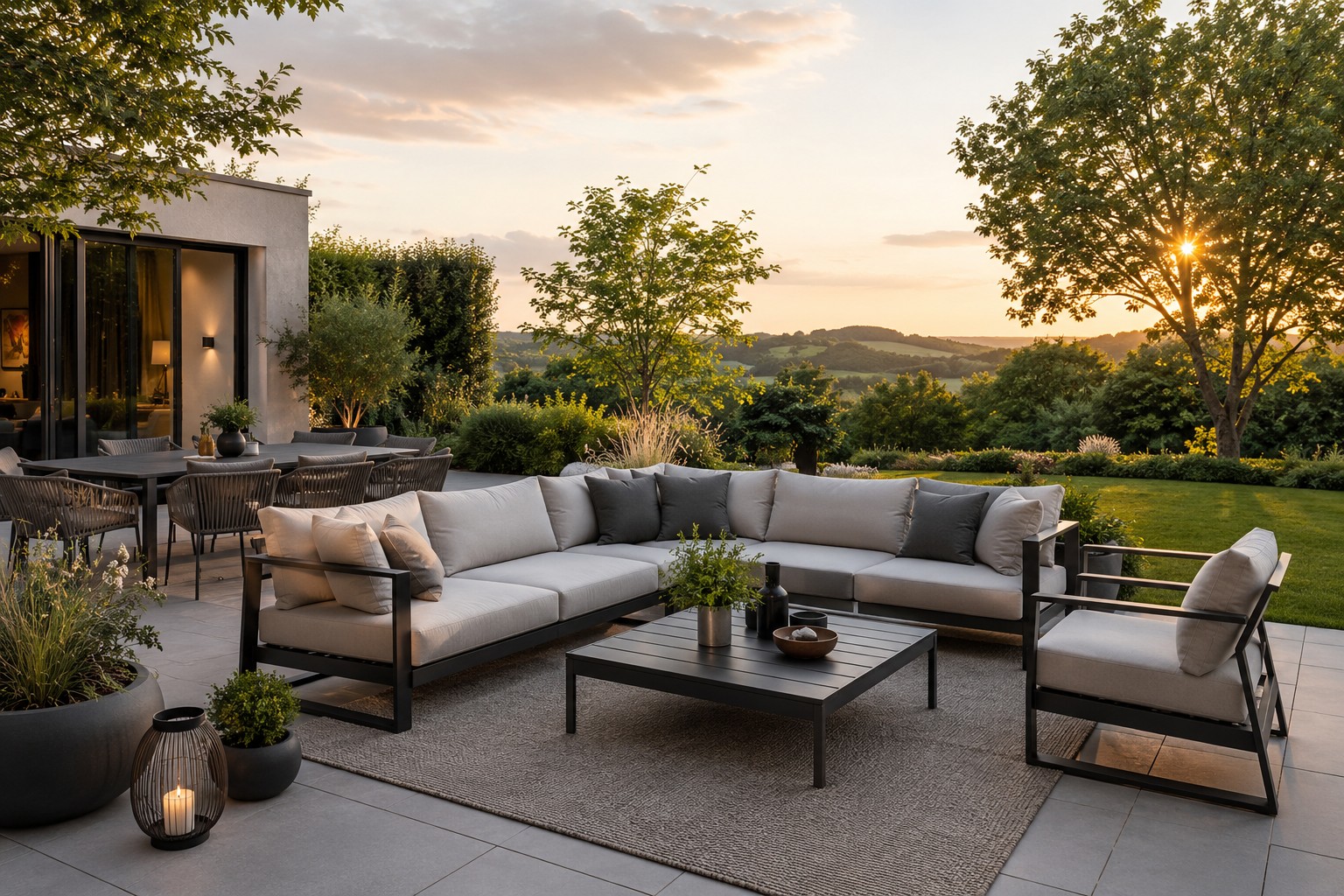 Weitläufige Gartenterrasse mit modernen Gartenmöbeln